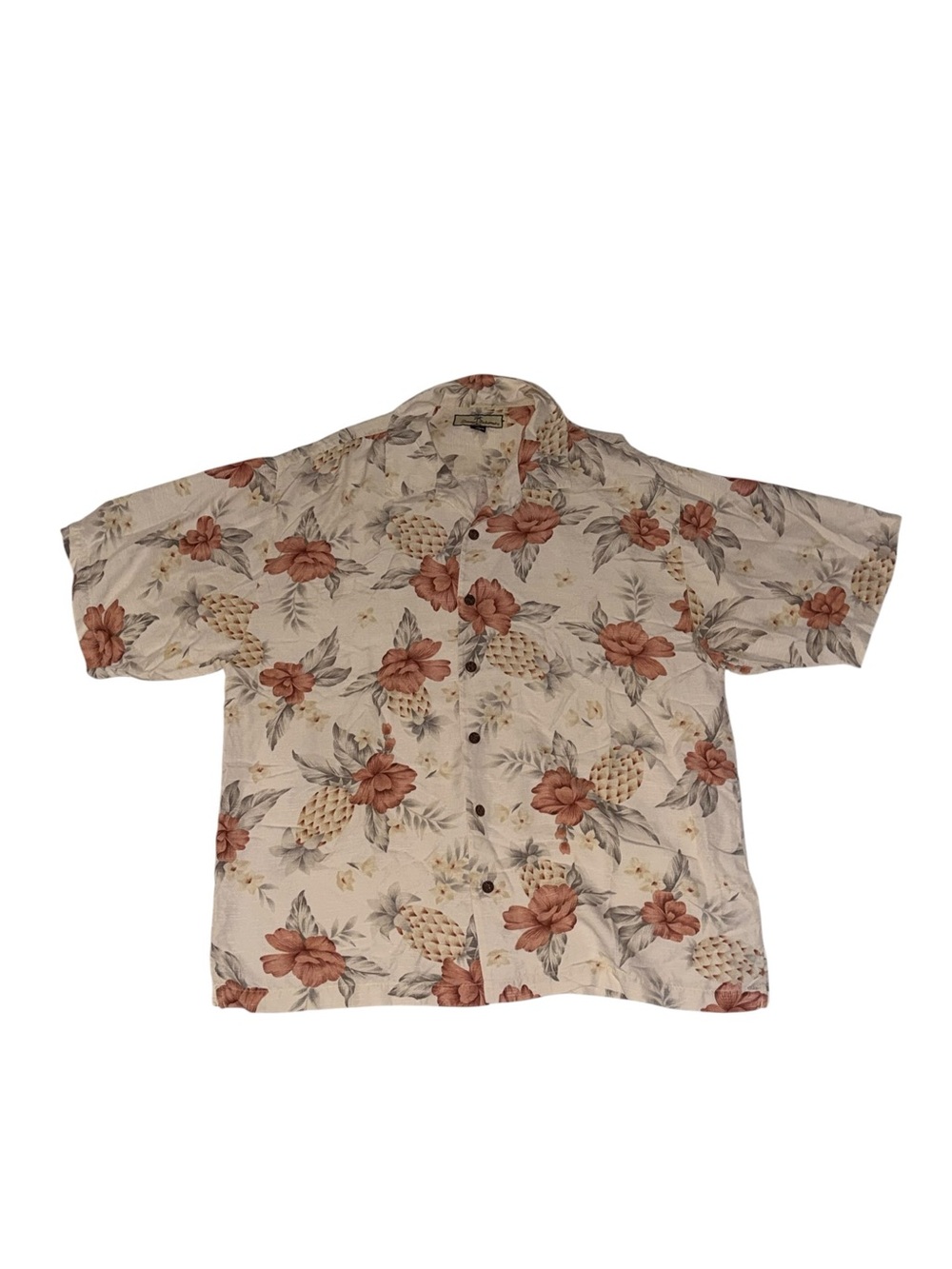 Tommy Bahama Cream Button-Down Hawaiian Shirt with Coral Floral Print 100% silk